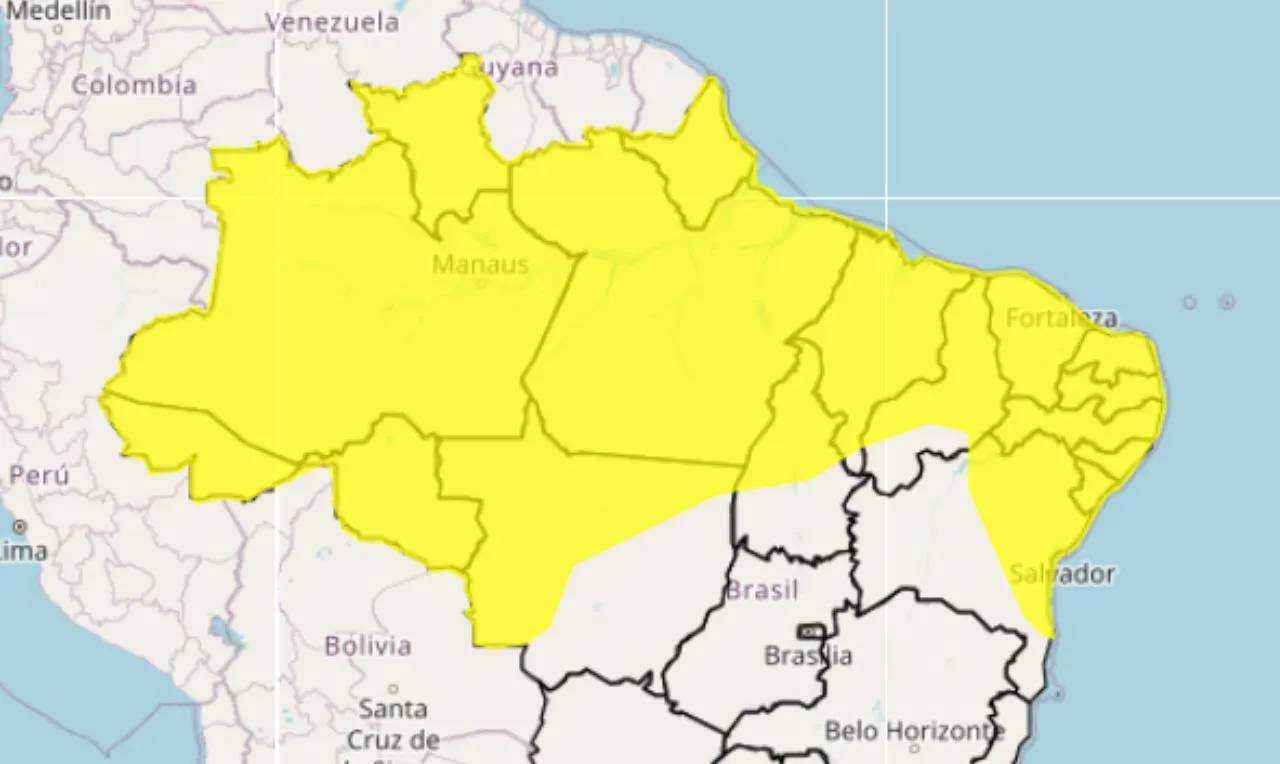 o mapa mostra as &aacute;reas em alerta amarelo para chuva intensa